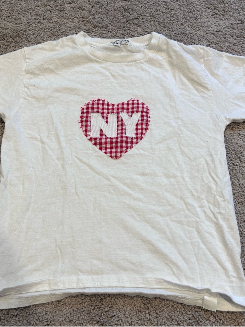 Vintage Y2K NYC White Short Sleeve Tee with Red Gingham Heart 'NY' Applique